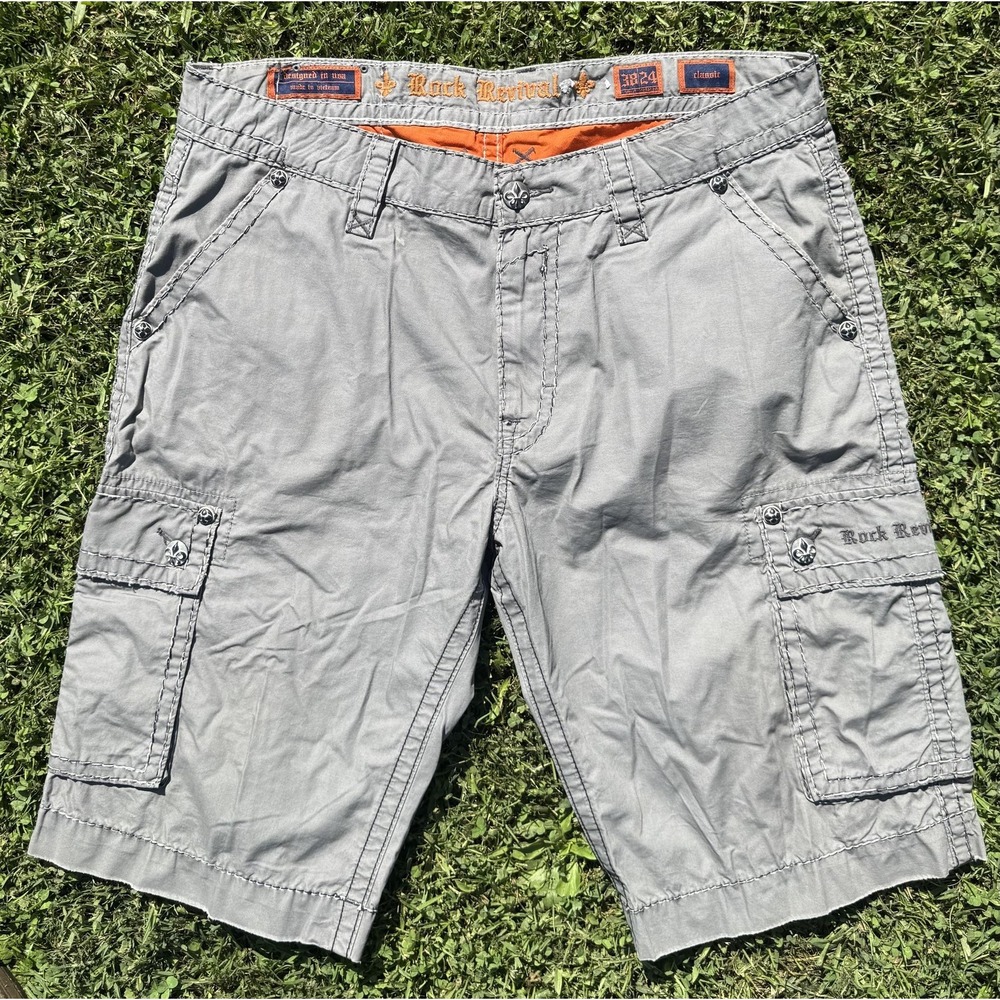 Rock Revival Cargo Shorts Mens 36 Gray Concrete Cotton Embroidered Pockets